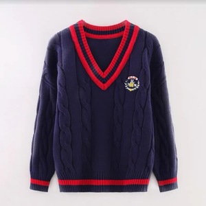 Pull col en V blanc et bleu marine avec badge, en coton tricoté, style scolaire pour filles, sous-vêtement, nouveau design 2025 - Product Image 3