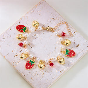 <strong>Korean</strong> Elegant Adjustable Alloy Pearl Heart Shaped Cherry Bracelet for Women Gold Plated Enamel Strawberry <strong>Charm</strong> for Summer - Product Image 3