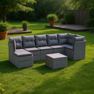 Set Divano da Giardino Moderno in Rattan PE Grigio, 6 Posti, Arredamento da Esterno con Coperture Rimovibili, Design Contemporaneo - Product Image 2
