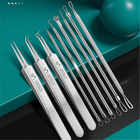 Kit de traitement professionnel de l'acné avec outil pour extraire les boutons, extracteur de comédons, pinces de différentes formes, tout dans un étui en métal