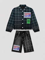 Ensemble chemise à carreaux en strass personnalisée et short en jean, style streetwear déchiré à bords bruts, deux pièces, ODM OEM