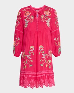 Fabricants de vêtements, robe courte à manches longues, style rétro décontracté, mode boutique personnalisée, vintage, broderie florale, ourlet à œillets - Product Image 3