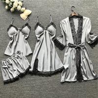 Pyjama en dentelle pour femmes Chemise de nuit en dentelle avec coussin de poitrine Pyjama en dentelle sexy Ensemble quatre pièces