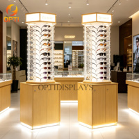 Tour de présentation rotative en bois pour lunettes, vitrine sur pied éclairée par LED avec base de rangement verrouillable pour magasin d'optique