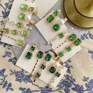 Kore saç tokası aksesuarları kadın Emerald Pearl Rhinestone saç tokası s Set