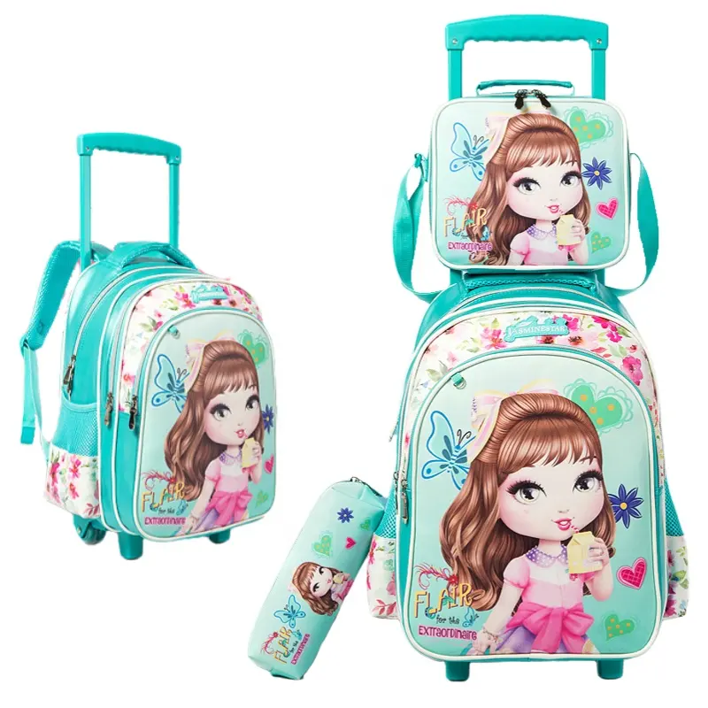 Cartoon rolling 3 in 1 with lunch bag and pencil case PU leather girls kids trolley 3 piece school bag backpack set with wheels