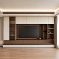 Meuble mural TV moderne personnalisé XINGRUO pour salon avec étagères ouvertes en bois grainé, panneau cannelé et rangement intégré