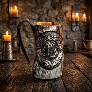 Jarra Vikinga de Cuerno de Buey Auténtico, Ecológica, Duradera, Ligera, Estilo Americano, para Camping, con Tapa de Bambú, Personalizable - Product Image 1