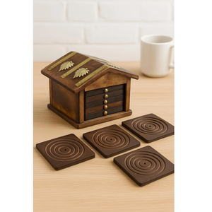Juego de posavasos de madera natural de seis piezas con soporte para Decoración de mesa rústica para el hogar y seguridad para bebidas de la India - Product Image 1