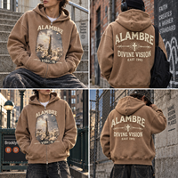 Sweat à capuche zippé personnalisé imprimé DTG pour homme, 380 GSM, marron délavé, coupe ample et carrée, OEM, faible MOQ