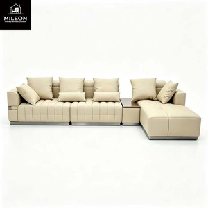 Ensemble de canapés sectionnels en forme de L modernes en cuir <span class=keywords><strong>beige</strong></span>, canapé modulaire pour salon avec table d'appoint, meubles de luxe pour villa, maison, hôtel - Product Image 6