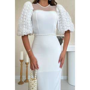 Vestido de Novia al por Mayor con Detalles de Tul Blanco Perla, Silueta Sirena, Sin Tirantes, Cola Capilla, Materiales Personalizables para Novias - Product Image 2