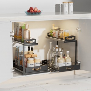 Organisateur d'armoire de cuisine à 2 niveaux, étagère de rangement coulissante pour garde-manger avec tiroir, noir et blanc - Product Image 1