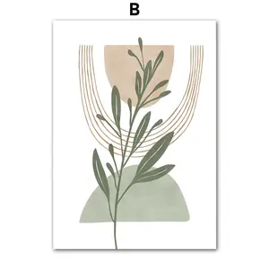 Dekorasi rumah Nordic minimalis hijau abstrak tanaman geometris Poster cetak seni daun dengan bingkai pelampung