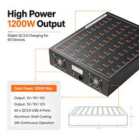 Chargeur multi-USB 1200W 60 ports QC3.0 en alliage d'aluminium, station de charge rapide multi-ports pour téléphone portable, tablette, charge en vrac