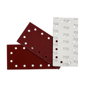 Strumenti abrasivi rettangolari in carta vetrata 14 fori dettagli levigatrice gancio e <span class=keywords><strong>Loop</strong></span> dischi di levigatura rossi fogli per lucidare legno metallico - Product Image 6