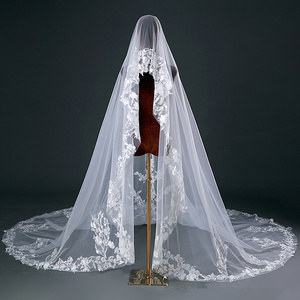 लुओक्सिन वेडिंग ब्राइडल घूंघट लंबी लेस एज फूल कंघी के साथ शानदार एप्लिक कैथेड्रल लंबाई - Product Image 5