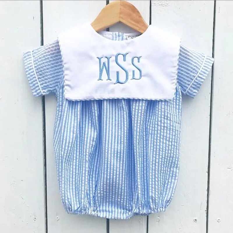 Seersucker gingham baby boys bubble romper summer one piece toddler boy bodysuit with bib short sleeve toddler boys home outfit