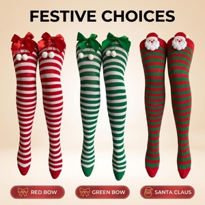 Christmas Striped Polyester Over-the-knee Socks <b>Bow</b> Pom-pom Accents Womens <b>Red</b>-green Color Scheme Santa-Claus Socks - Product Image 4