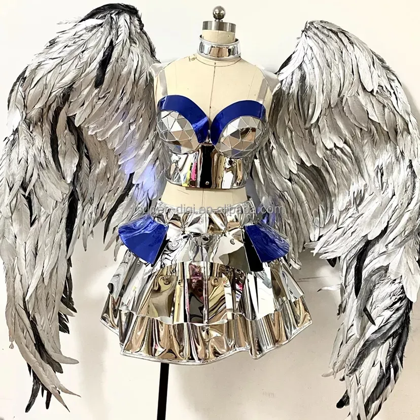 Seksi kulübü kadın sahne gösterisi şarkıcı gece kulübü Dj Ds Sparkly gümüş ayna kostüm melek tüy kanatları sahne performansı kıyafet