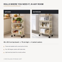 Chariot de rangement roulant à 3 niveaux en acier au carbone avec logo personnalisé OEM, dessus en bois, panier coulissant et étagère organisatrice pour cuisine