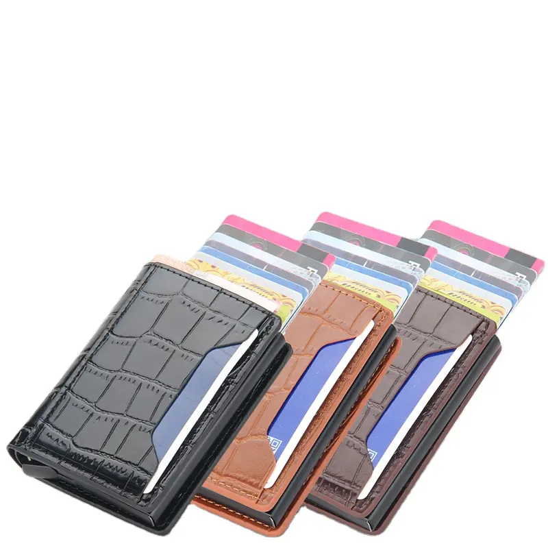 Anti-thef Aluminum Metal Money Clip Pu Leather Wallets For Men Minimalist Slim Pop Out Rfid Card Holder