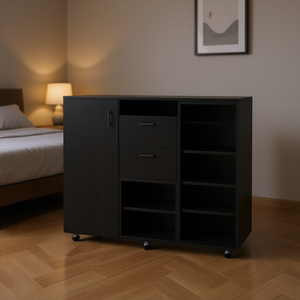 Cómoda Milano de Dos Puertas con 2 Cajones y 4 Estantes, Mueble Moderno para Dormitorio, Panel de Madera MDF Negro, Independiente - Product Image 2