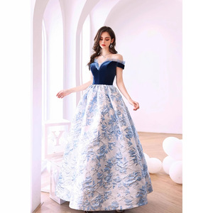 Blue Off-Shoulder Velvet Evening Gown Empire Waist Floral Print Ball Gown For Banquets Performances Hostess Dress - Product Image 3