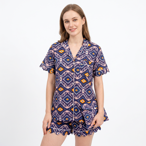 Ensemble de pyjama pour femme à manches courtes, col en V, motif losanges, 100% coton, imprimé à la main, taille élastique - Product Image 1