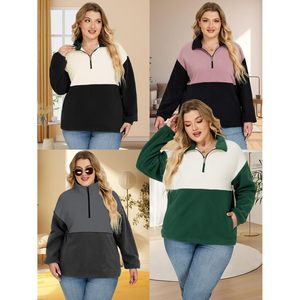 เสื้อสเวตเชิ้ตฟลีซแบบสวมหัว คอซิปครึ่งตัว แขนยาว ทรงโอเวอร์ไซส์ สีบล็อก สำหรับผู้หญิงไซส์พลัส ยี่ห้อ FOXA รุ่น Polar Top ความยาวปกติ ให้ความอบอุ่น - Product Image 5