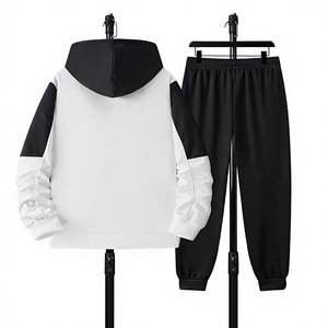 Conjunto de Sudadera con Capucha y Pantalones Deportivos para Hombre, Diseño Color Block, Logotipo Frontal, Blanco y Negro, Transpirable, Otoño - Product Image 2