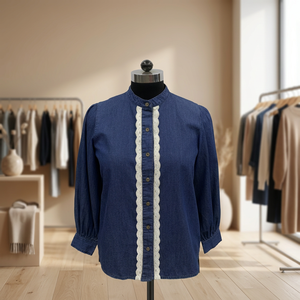 Blusa de Mezclilla para Mujer con Ribete de Encaje, Cuello Mao, Manga Larga, Corte Holgado Informal, Camisa con Botones - Product Image 3