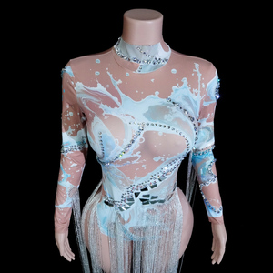 Exclusivo Body de Spandex/Algodón con Estampado de Tinta Acuática y Pedrería, Cuello Alto, Vestido de Baile con Flecos Largos, Ropa Profesional para Espectáculos - Product Image 4