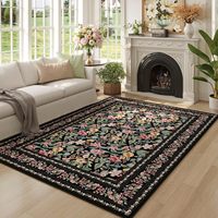 Tapis floral vintage noir à poils ras, résistant aux taches, lavable, antidérapant, pour salon, ferme, salle de jeux pour enfants, décoration