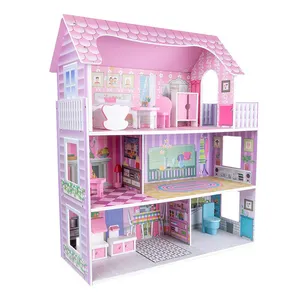 Simulação diy fingir jogar brinquedos, casa de bonecas rosa com <span class=keywords><strong>mini</strong></span> móveis, brinquedos, casa de boneca de madeira para crianças meninas - Product Image 1