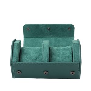Nouvel étui de voyage hexagonal en cuir pleine fleur vert velours à 2 emplacements pour montres, avec bouton de fermeture résistant aux chocs - Product Image 1