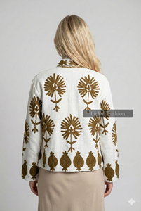 Handmade <b>Knitted</b> Cotton Velvet Suzani Jacket | Bohemian Women's Autumn/Winter Coat | Embroidery Floral <b>Pattern</b> Eco-Friendly - Product Image 4