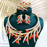 Parure de bijoux de mariée de Dubaï T163C, 4 pièces, plaqué or 18 carats, avec incrustations de zircon, comprenant collier, boucles d'oreilles, bracelet et bague, couleur orange turquoise Lagos, idéale pour les fêtes, nouveauté