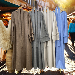 Hot Selling Customized Islamic Linen <b>Abaya</b>-Solid Long Sleeve A-Line Simple Design with Pearls & Embroidery - Product Image 2