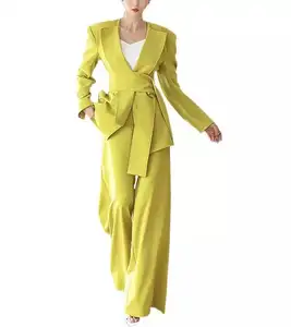 High Class Large Lapel Chic Blazer Suit Styled With Loose Leg Pants Padded Shoulder Formal Suit Jacket With Waist Belt