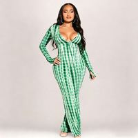 Nouvelle Robe Longue Maxi Femme R1500-2026 Automne à Manches Longues Col V Imprimée Tendance Color-Blocking Coupe Crayon
