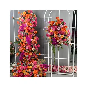 New Design Flower Artificial Decoration Panel For Wedding Orange Chrysanthemum And Rose And Rose Red Color Flower Runner