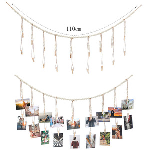 Perles rondes <span class=keywords><strong>en</strong></span> <span class=keywords><strong>bois</strong></span>, affichage de photos suspendu, corde de jute, perles de <span class=keywords><strong>bois</strong></span>, clip à glands, cadre photo, rangement, décoration murale - Product Image 3