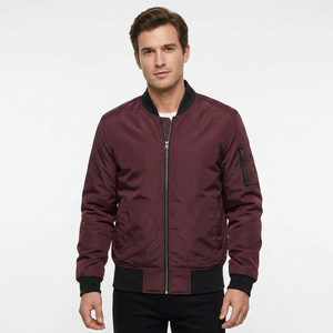 Blouson Bomber Homme Bordeaux Manches Longues Fermeture Éclair Col Montant Couleur Unie Tissu Mémoire en Polyester Léger - Product Image 1
