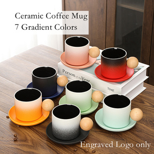 New Cute Round Wooden Handle Matte White Black Ceramic <strong>Coffee</strong> <strong>Mug</strong> with Saucer Coaster Custom Logo - Product Image 2