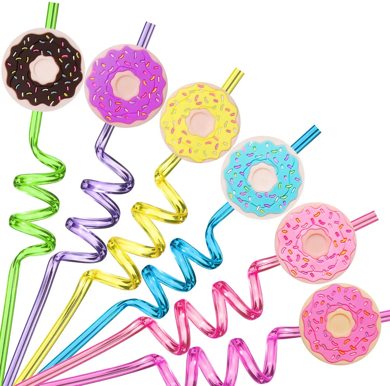 New Design 24 Pcs doughnut PET Colorful Drinking Straws Modeling Straw custom printedTwists Straws For Kids Birthday Party
