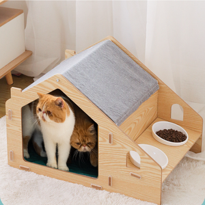 Casa para mascotas de madera con diseño sólido personalizado con comedero elevado, muebles para gatos de interior y alfombrilla suave para gatos y perros pequeños - Product Image 5