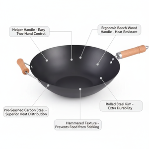 Ustensiles de cuisine chinois personnalisable, épaisseur à deux couches, antiadhésif en acier au carbone, <span class=keywords><strong>wok</strong></span> avec couvercle en bois 14/1.5 cm, 35.5 pièces - Product Image 6