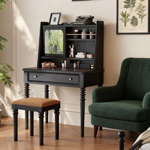 French Retro Dressing Table Black Solid Wood Flip Top Mirror Makeup Vanity Bedroom Furniture With <b>Stool</b> - Product Image 4