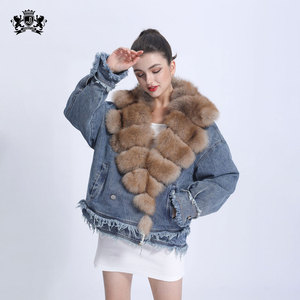 New Arrivals Fashion Jean Coat Fur Lining Winter Coat Wholesale Thick <strong>Women</strong> Fox Collar Parka <strong>Denim</strong> Fur <strong>Jacket</strong> - Product Image 1
